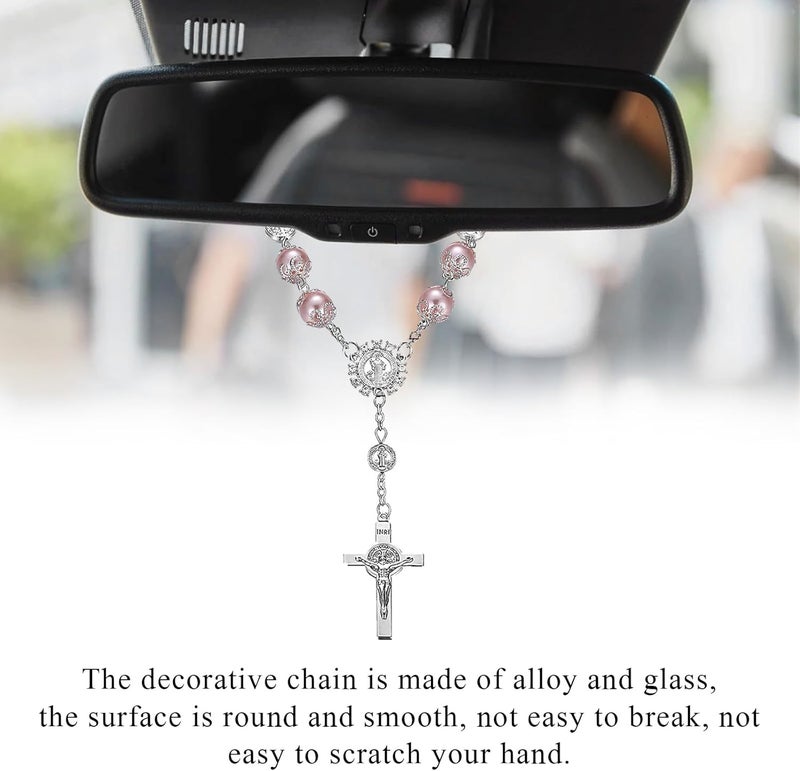 SHMZK Car Rosary for Rearview Mirror, Personalized Blessing Hanging Pendant for Car Rear View Mirror, Cross Rosary Ornament Interior Decor for Most Vehicles, Car Accessories (Pink) - Image 3